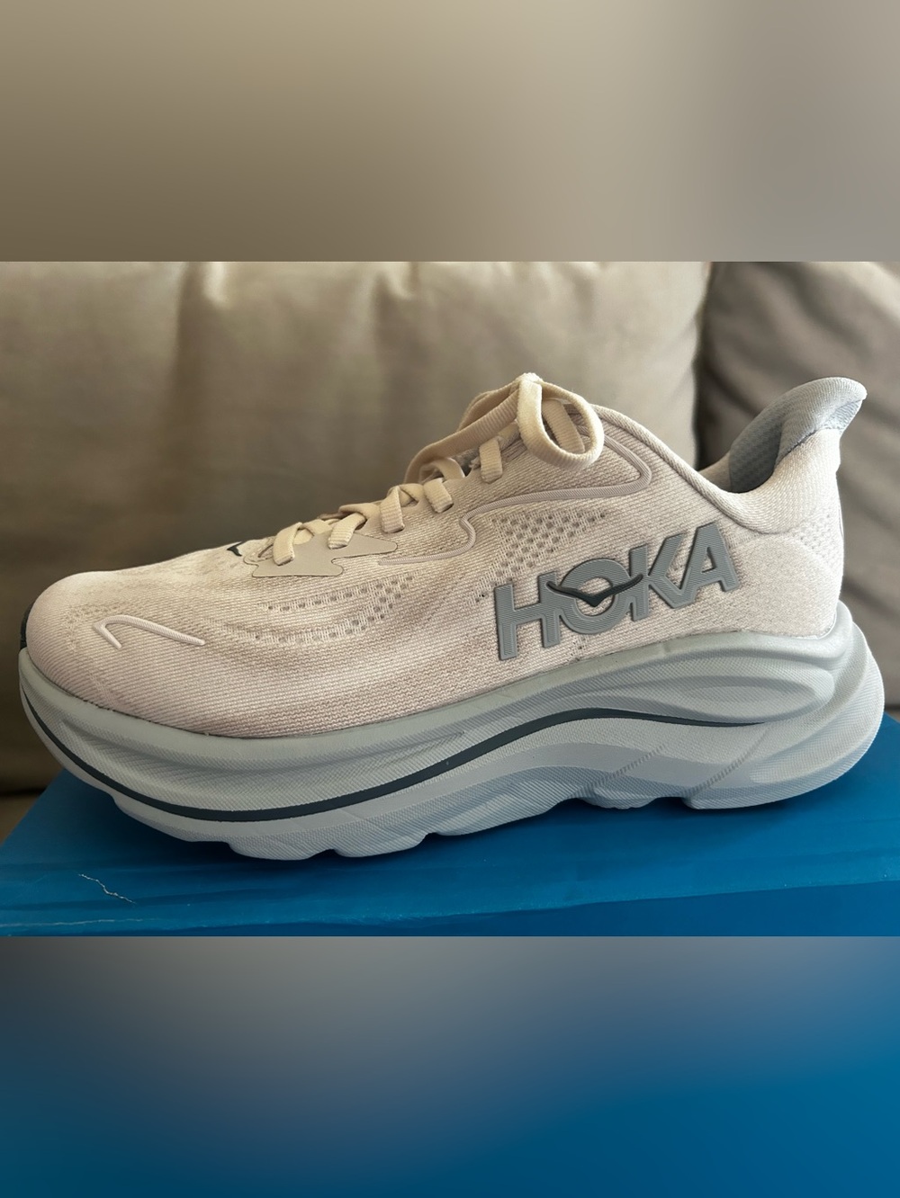 Hoka Women's pale grey and blue Clifton 10 athletic  shoes NEW